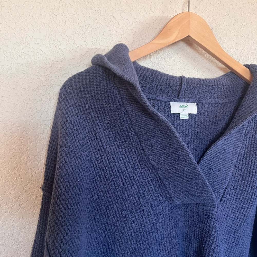 Aerie CozyUp Waffle Sweater Hoodie - Deep Blue - Picture 3 of 10